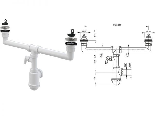 Sifon za dvodelnu sudoperu sa priključkom za veš mašinu