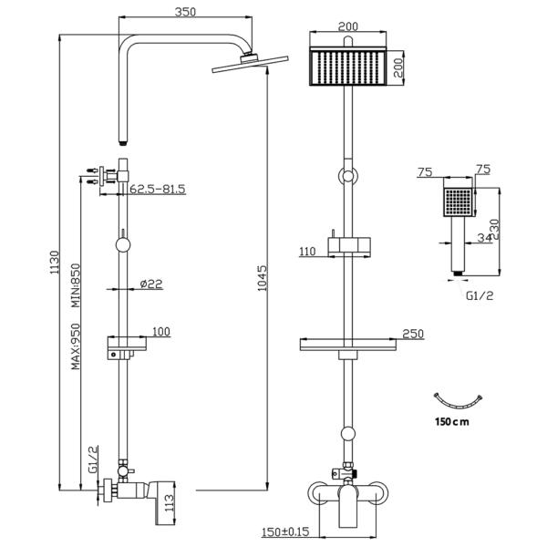 Algeo Square baterija sa usponskim tušem NP74-BAQ7U - Слика 2