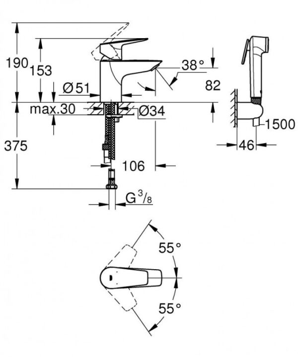 Baterija za lavabo GROHE BAUEDGE S sa higijenskom ručicom - Слика 2